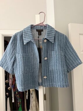 House of Harlow Cropped Blue Tweed Short-Sleeve Jacket